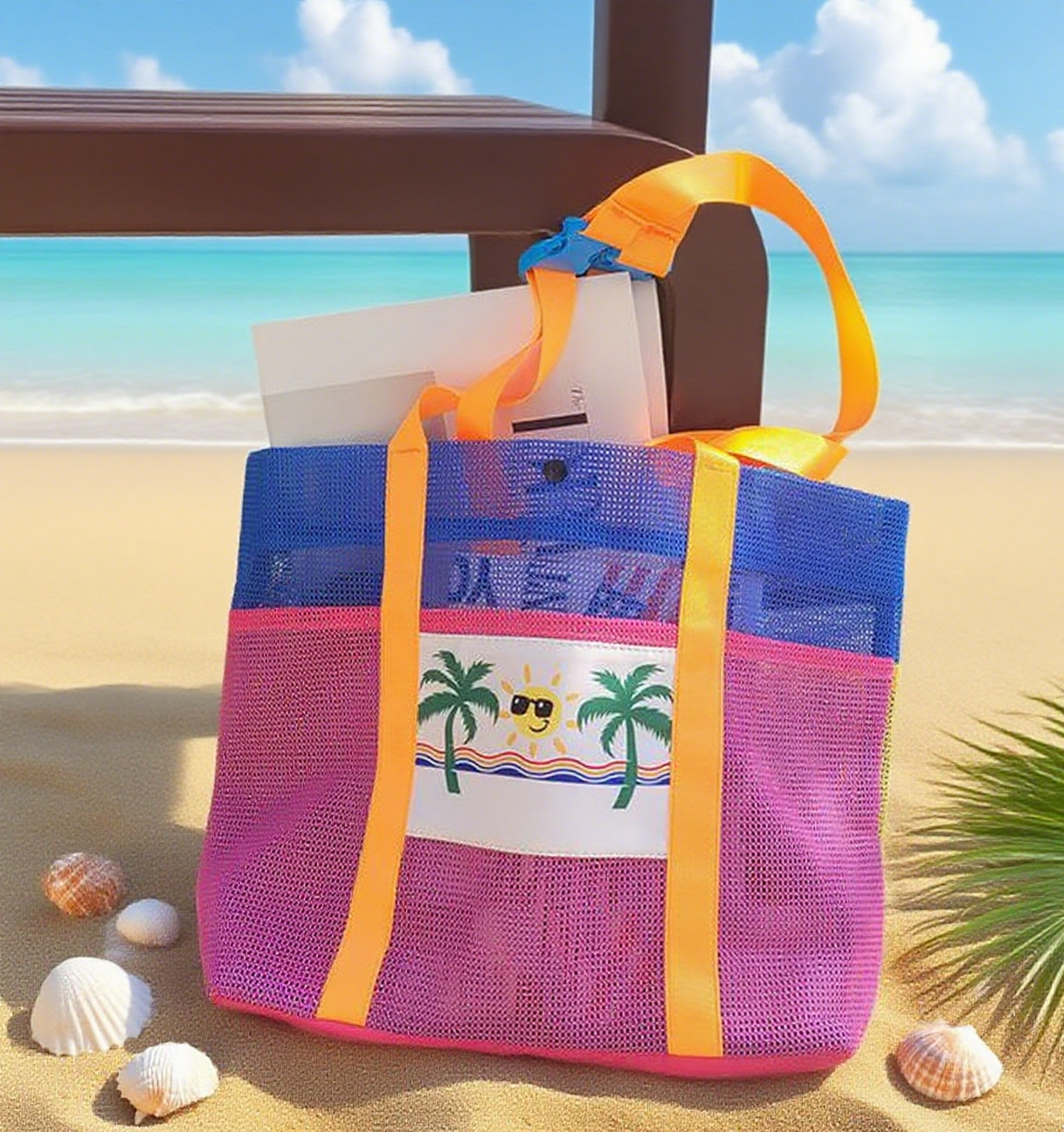 Printed mesh beach swim tote bag