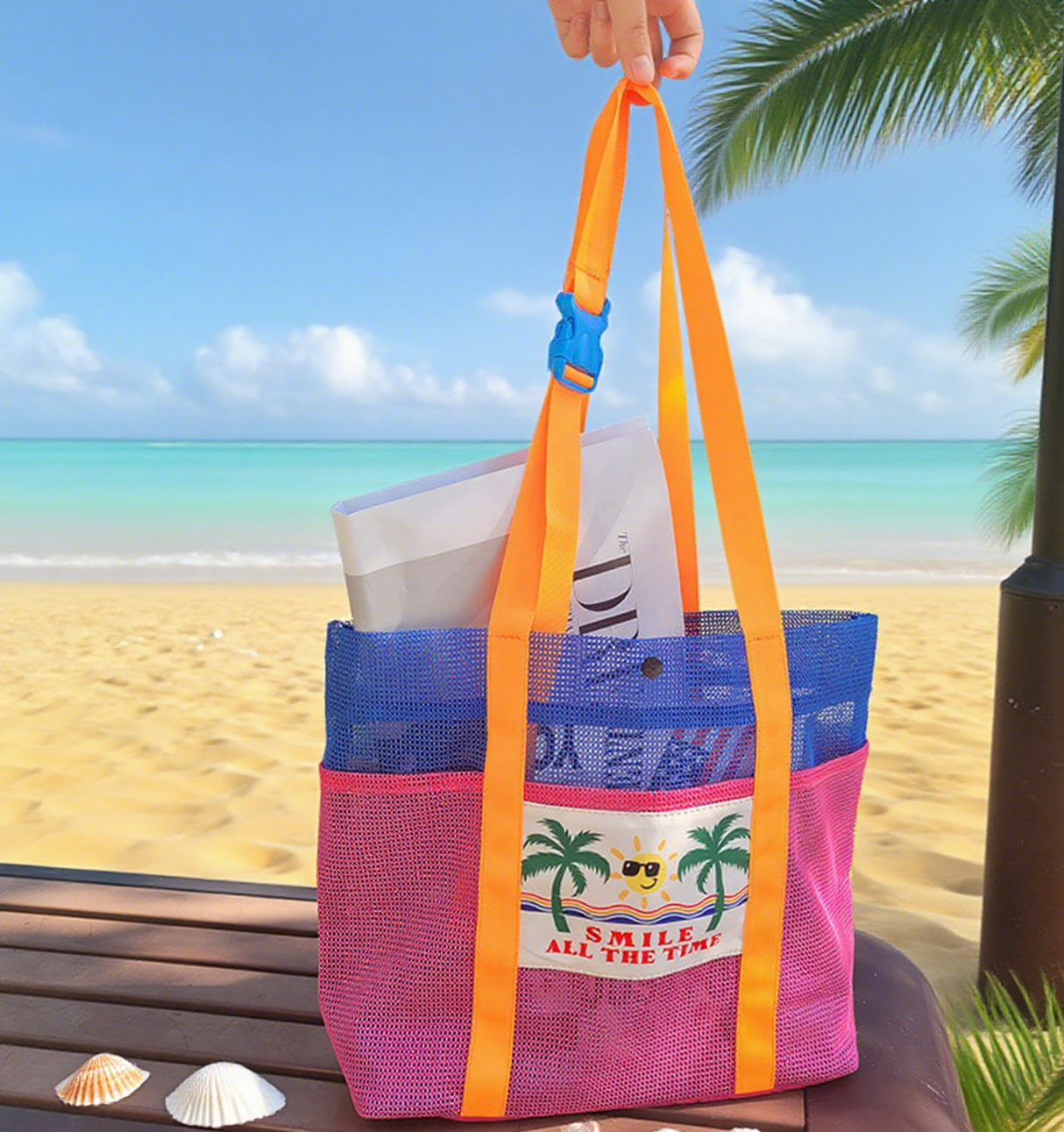 Printed mesh beach swim tote bag