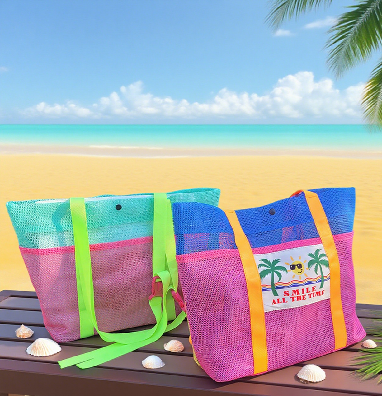 Printed mesh beach swim tote bag