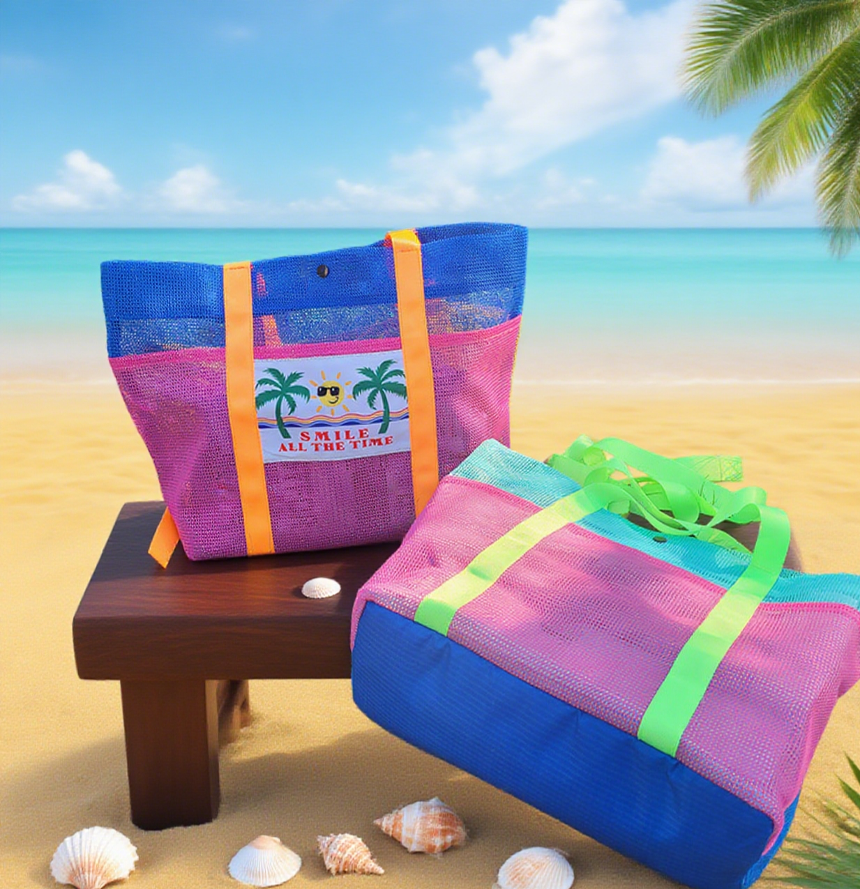 Printed mesh beach swim tote bag