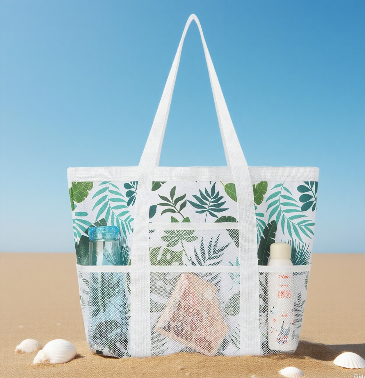 Tropical print mesh beach tote bag