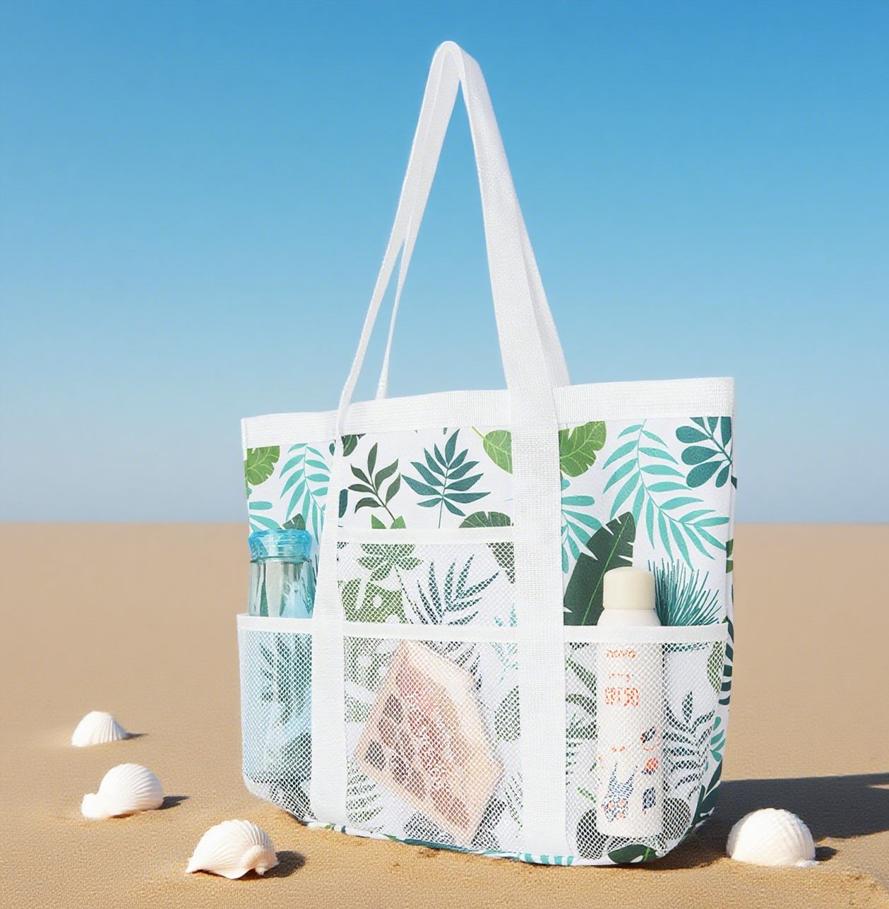 Tropical print mesh beach tote bag