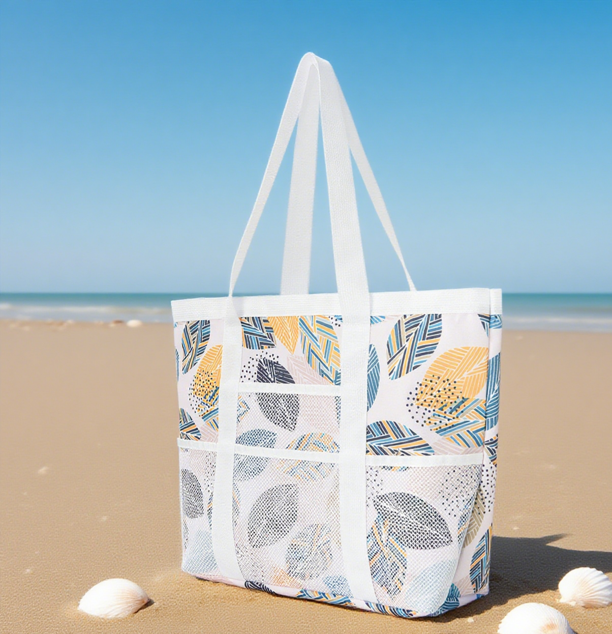 Tropical print mesh beach tote bag