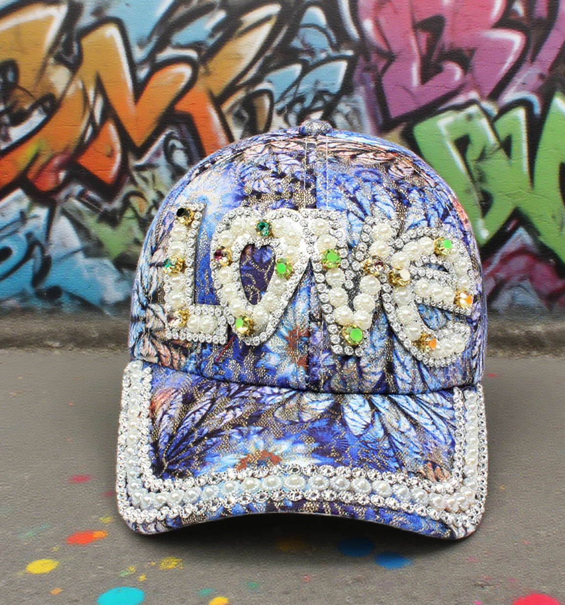 LOVE print faux pearl diamond baseball cap