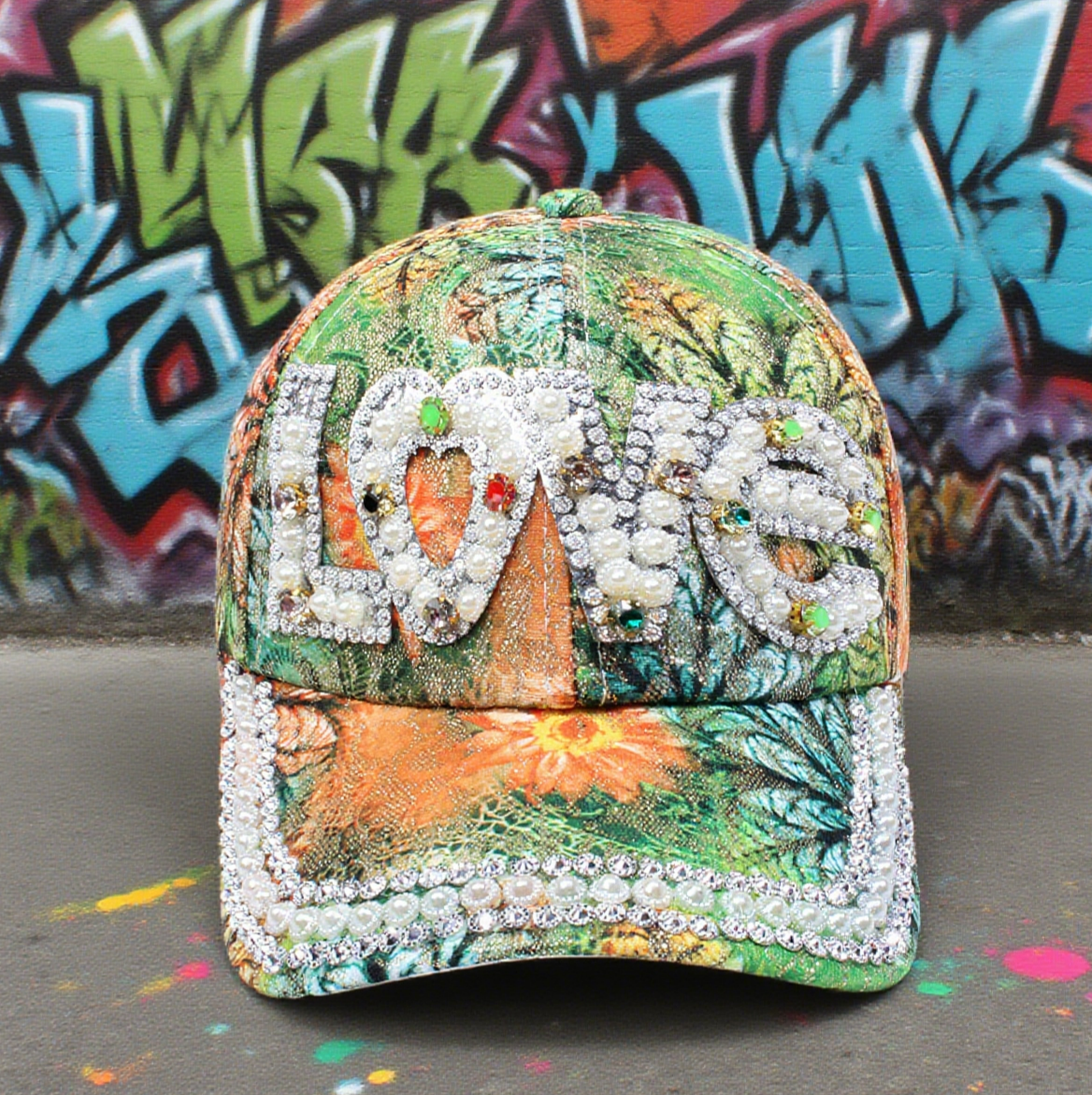 LOVE print faux pearl diamond baseball cap