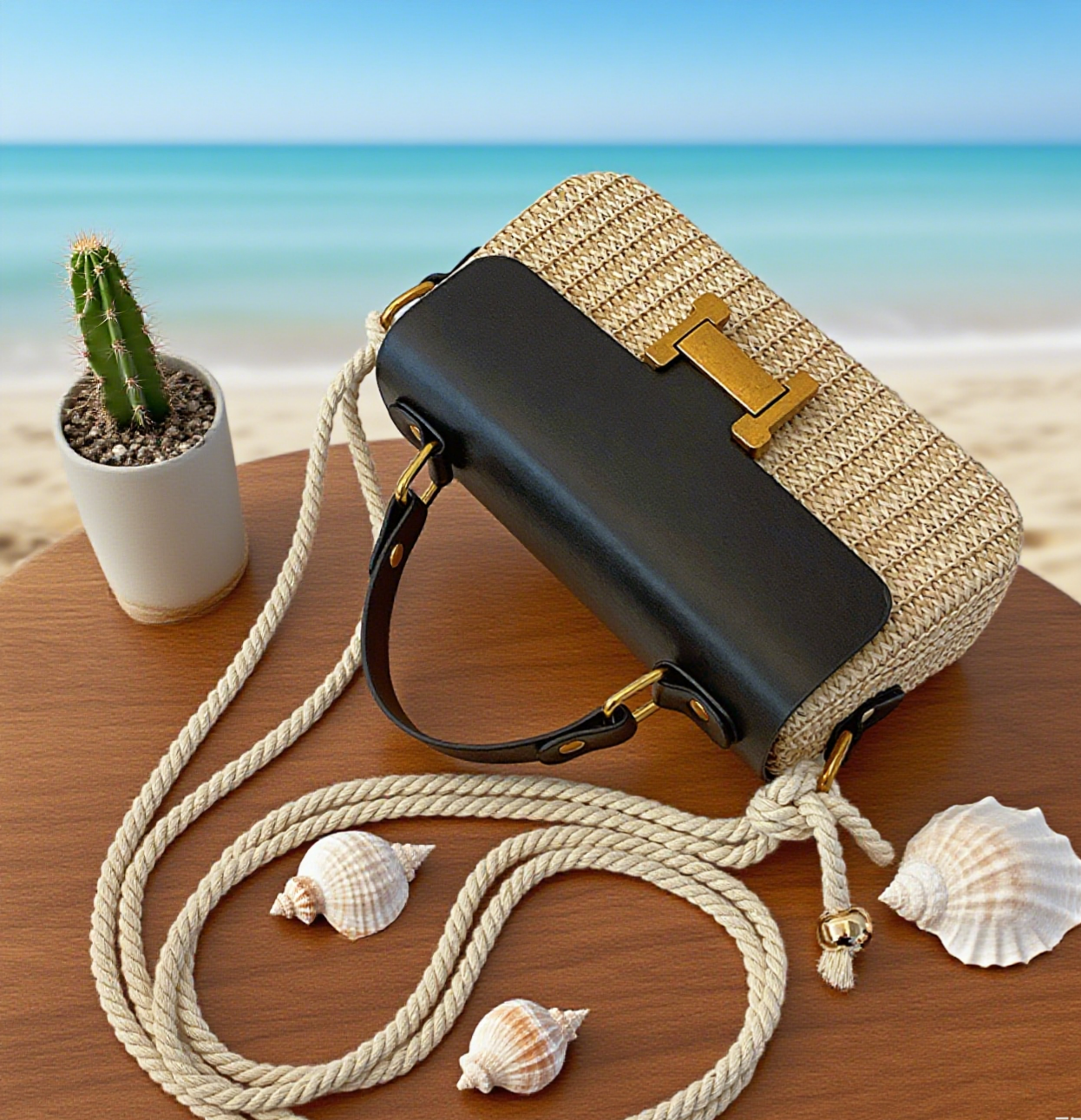 Beach handle straw crossbody bag