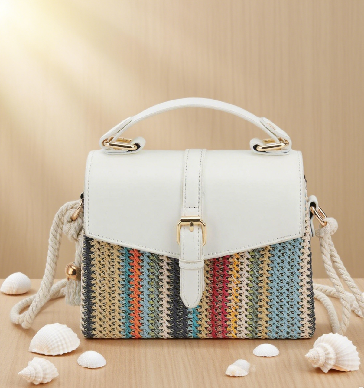 Beach coloured rainbow striped straw crossbody bag