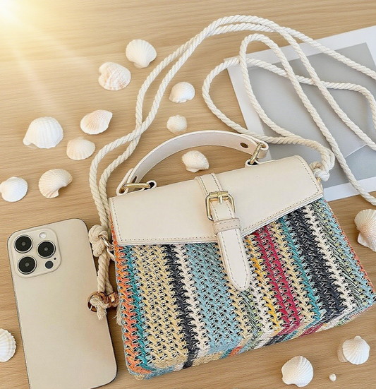 Beach coloured rainbow striped straw crossbody bag