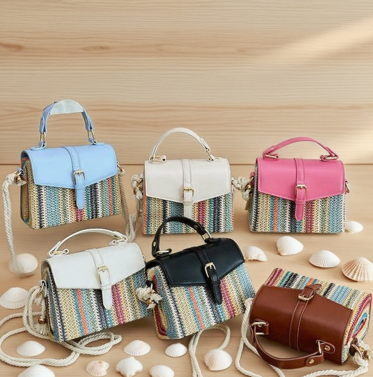 Beach coloured rainbow striped straw crossbody bag