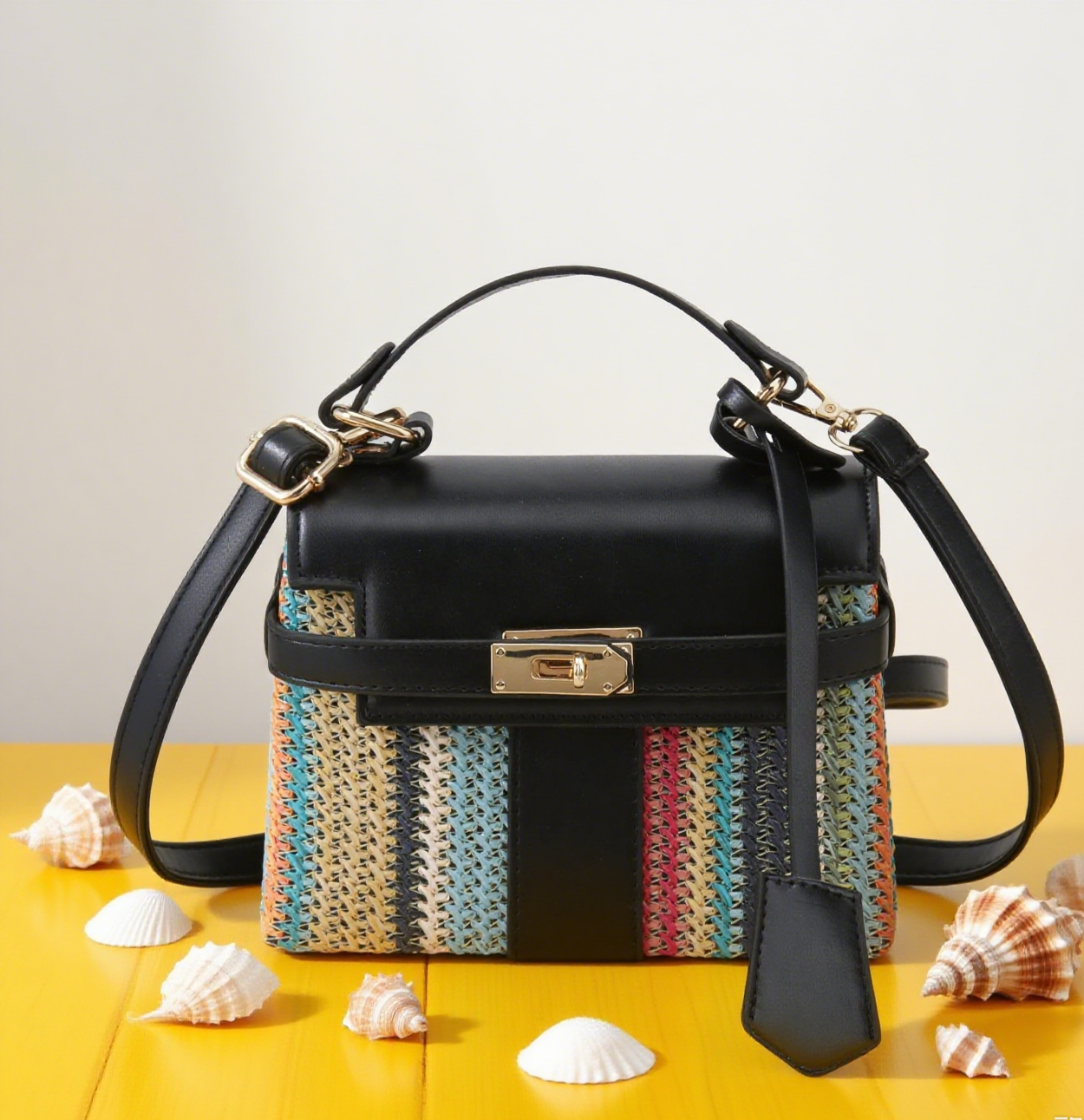Fun striped rainbow straw box crossbody bag