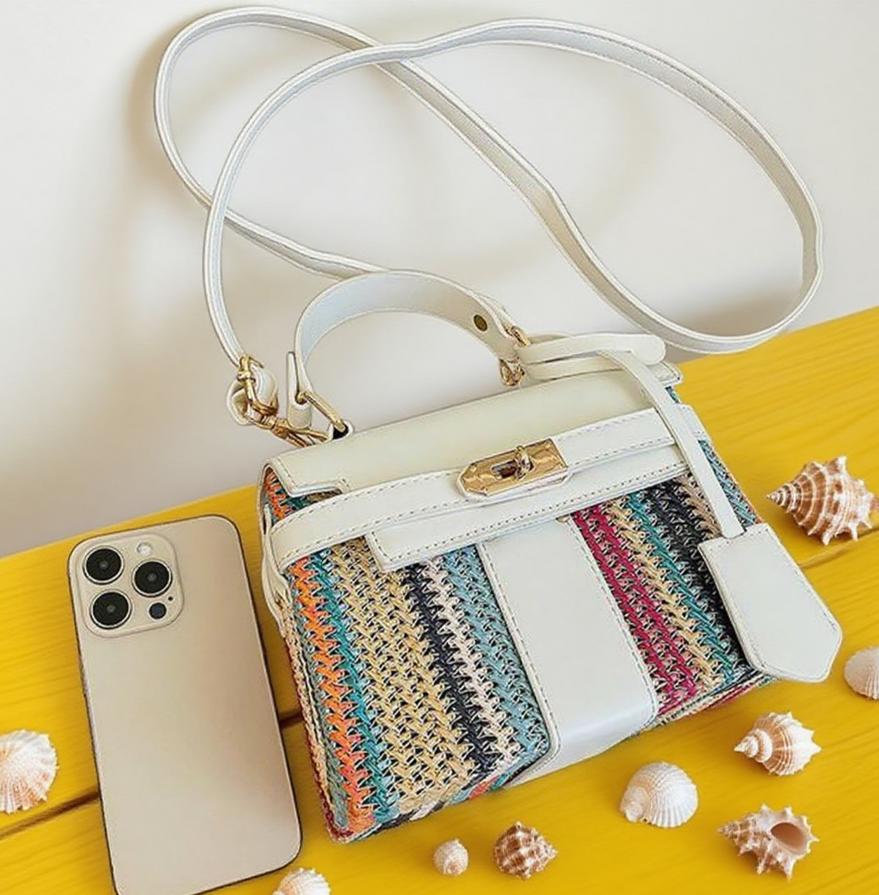 Fun striped rainbow straw box crossbody bag