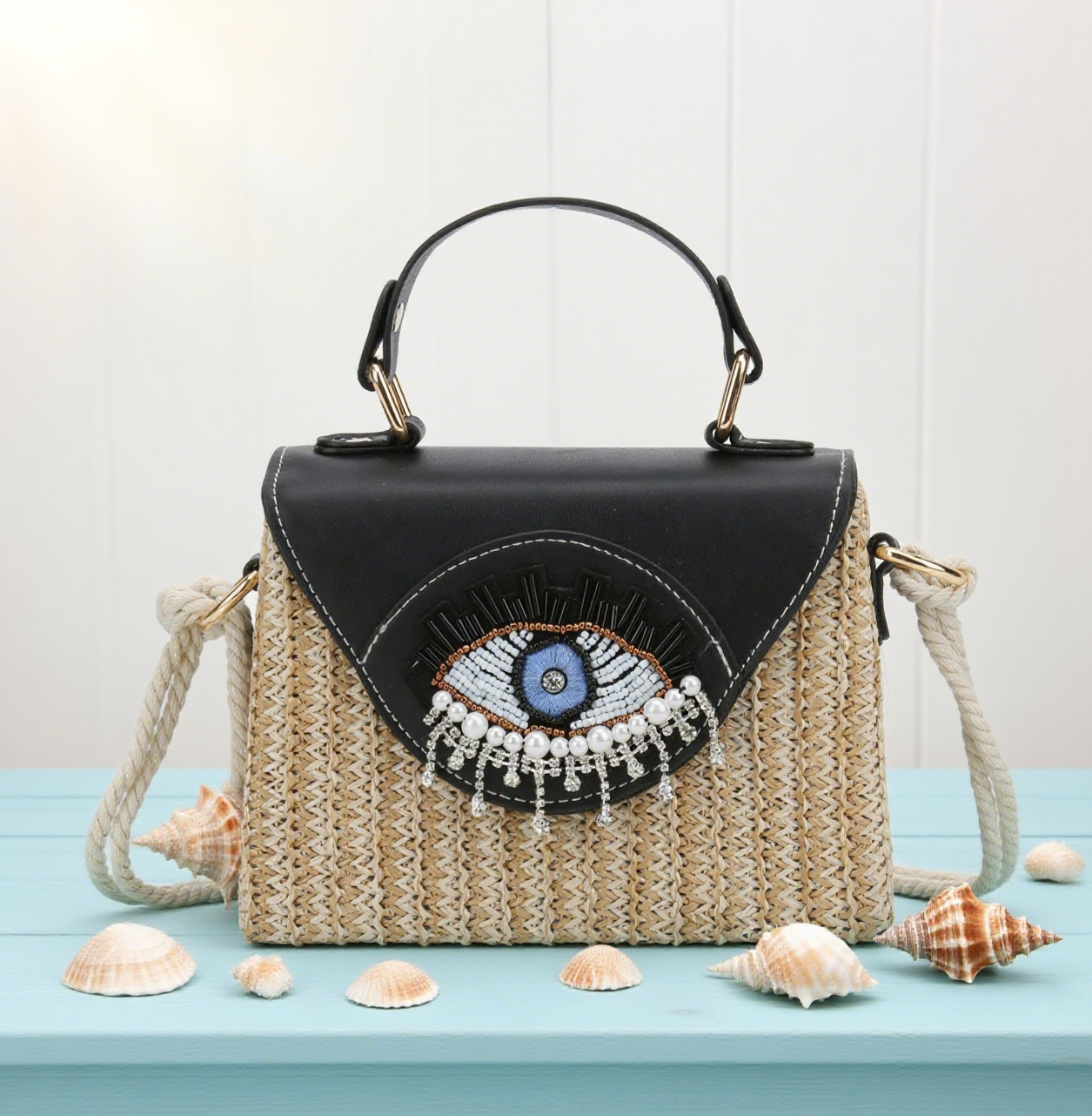 Devil's Eye straw crossbody bag