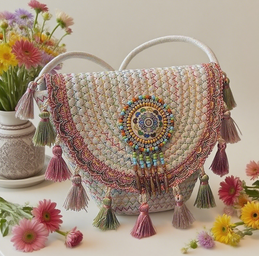 Bohemian tassel staw bag