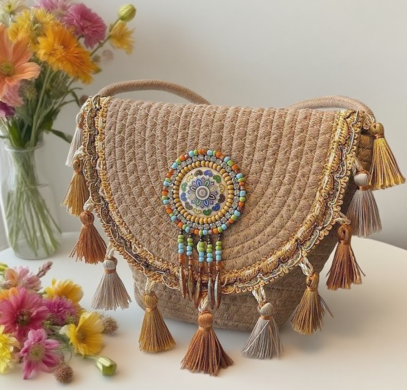 Bohemian tassel staw bag
