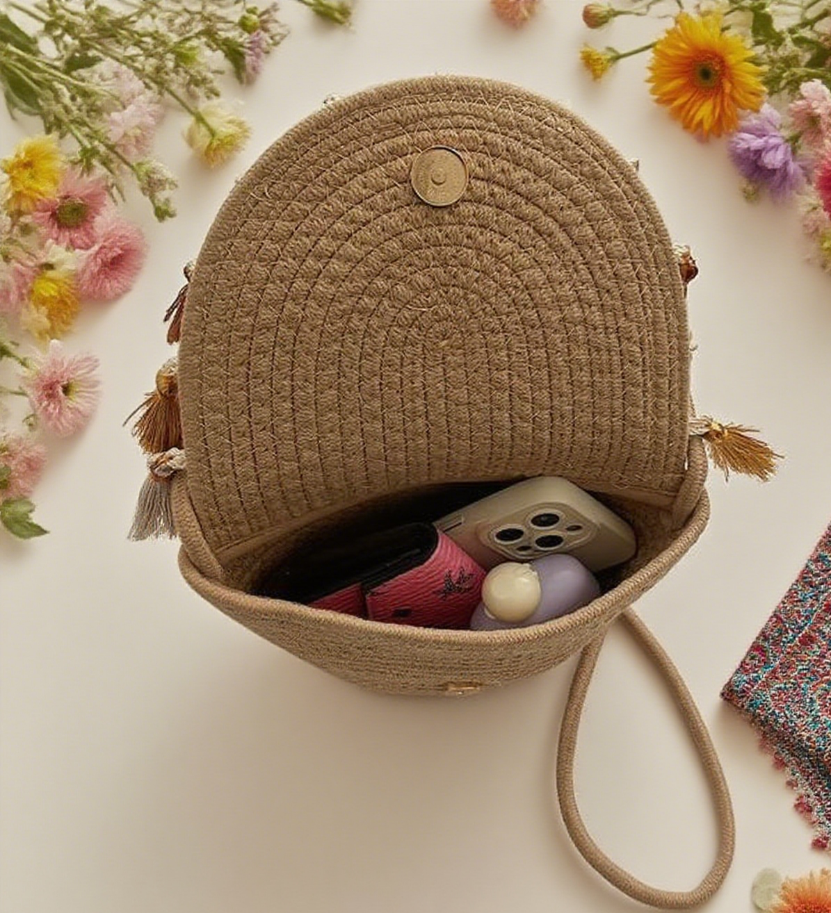 Bohemian tassel staw bag