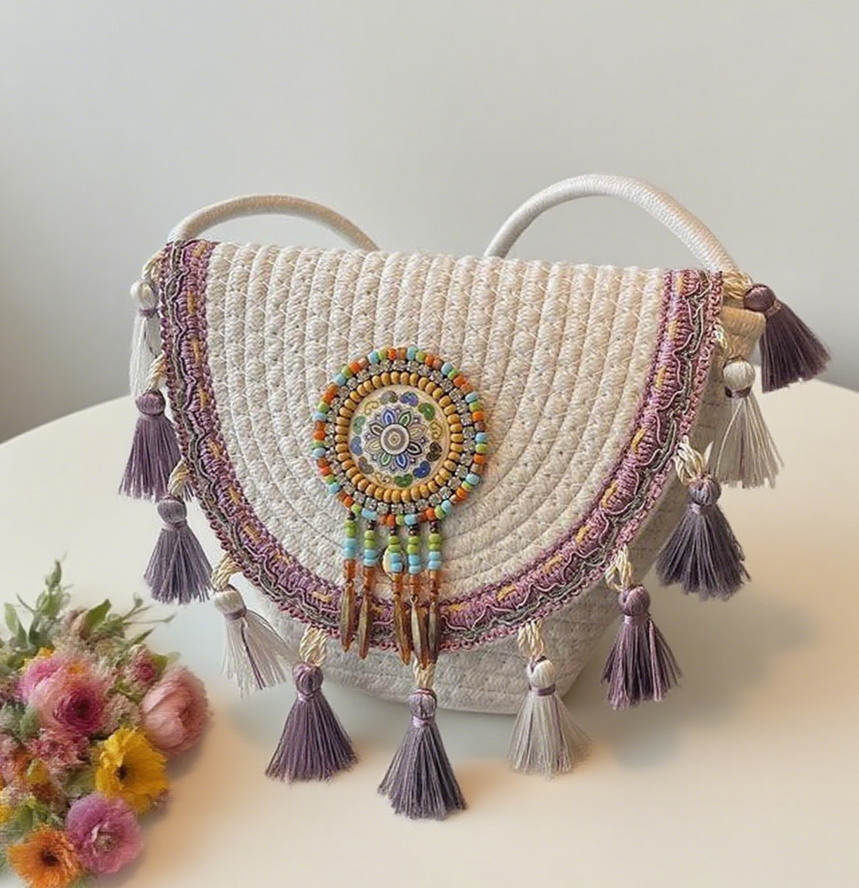 Bohemian tassel staw bag