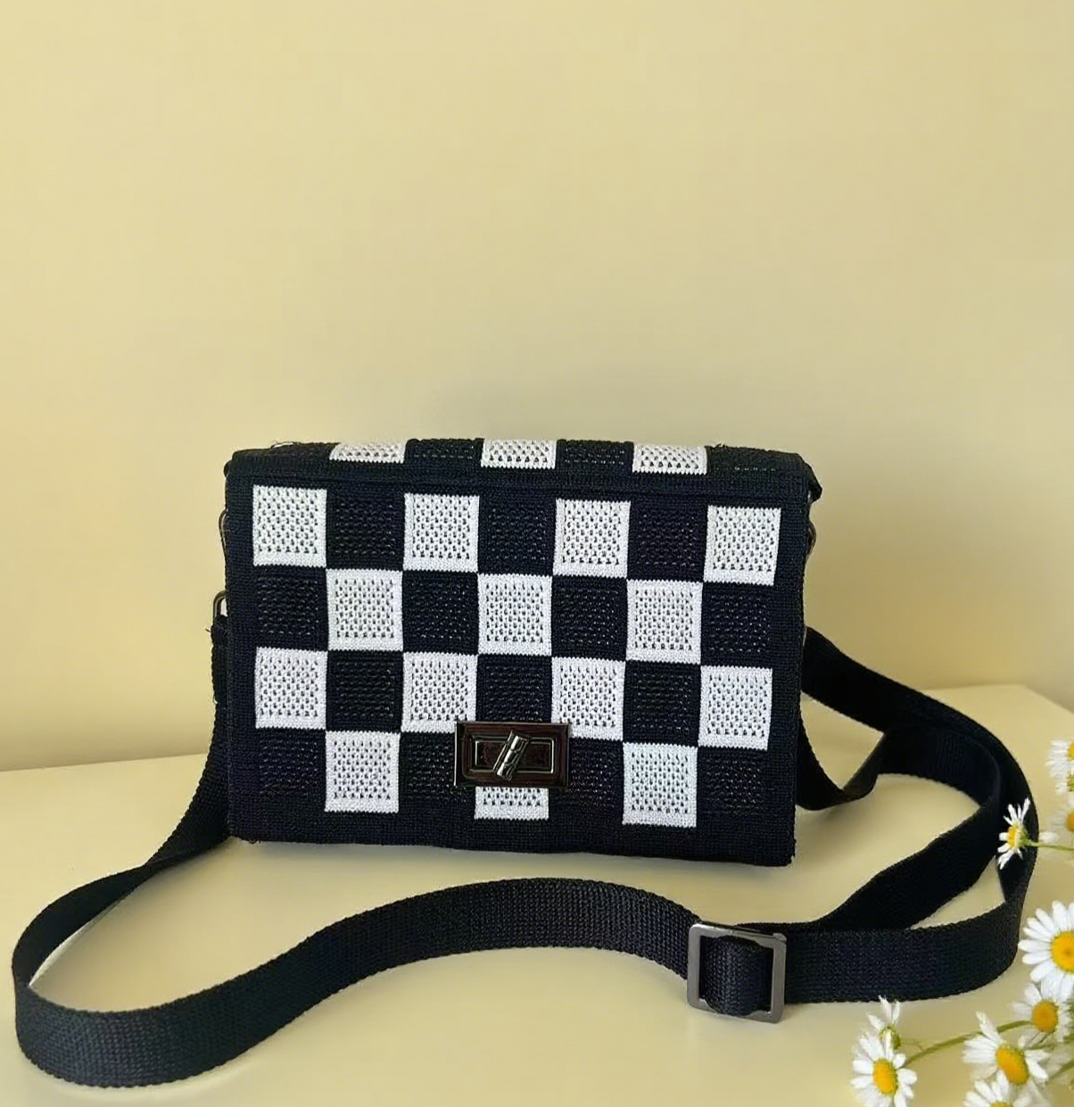 Plaid knit crossbody bag