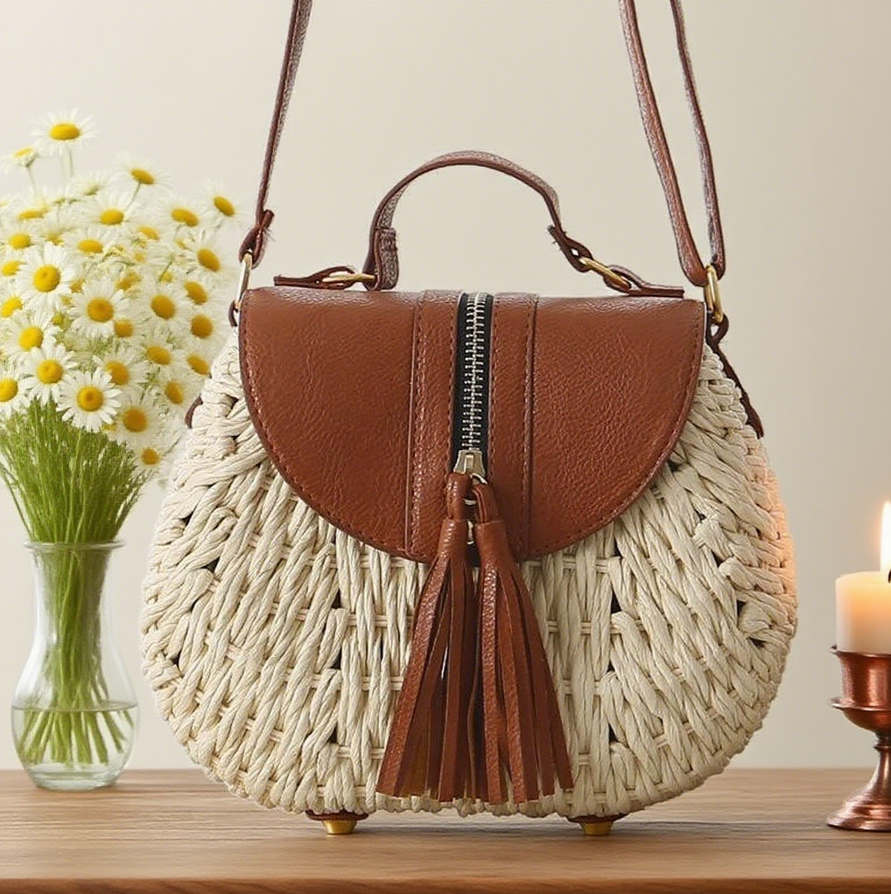 Hard straw tassel crossbody bag