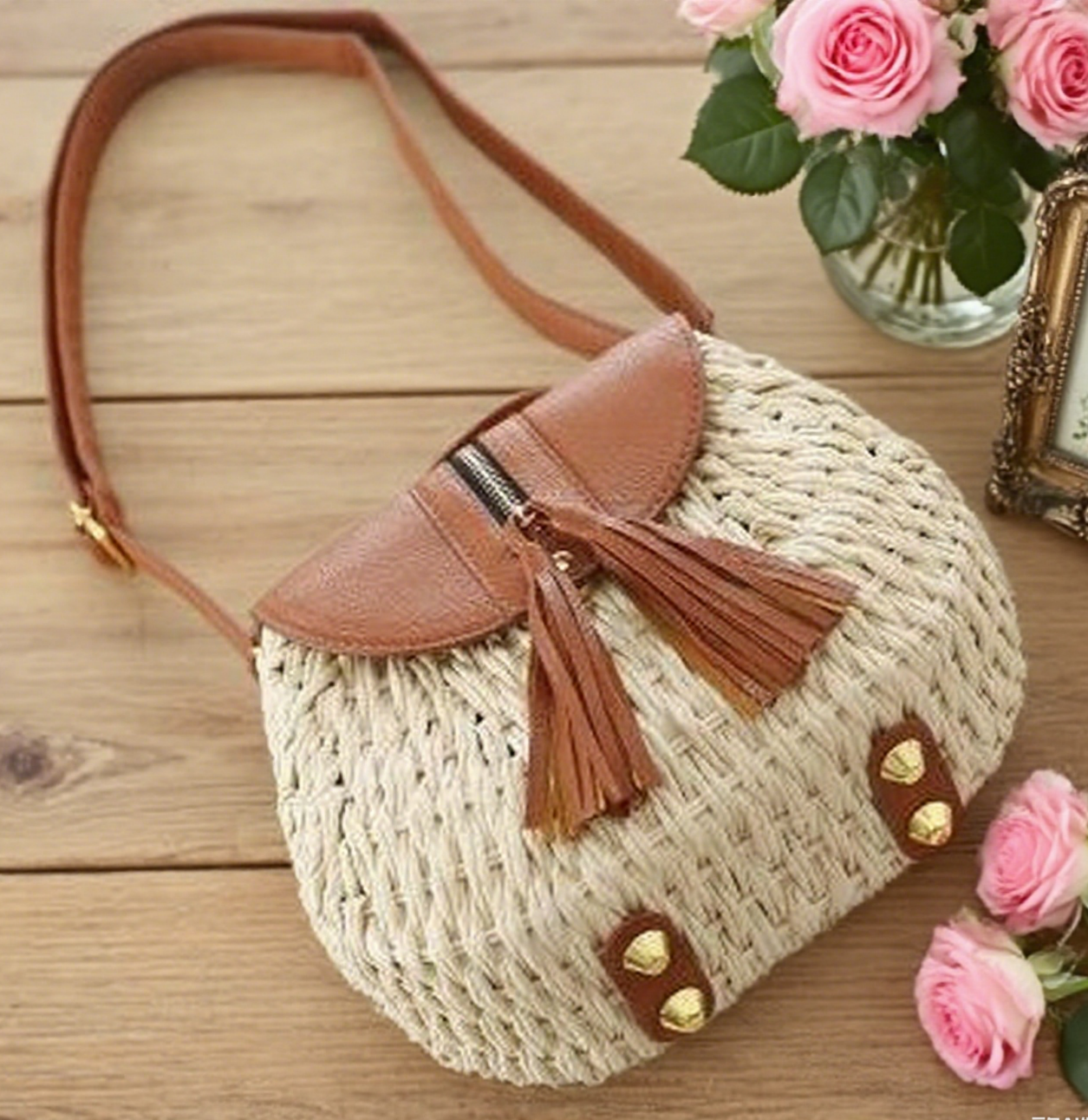 Hard straw tassel crossbody bag