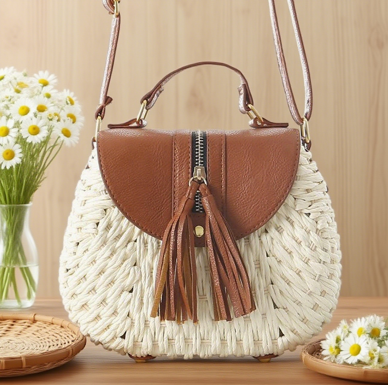 Hard straw tassel crossbody bag