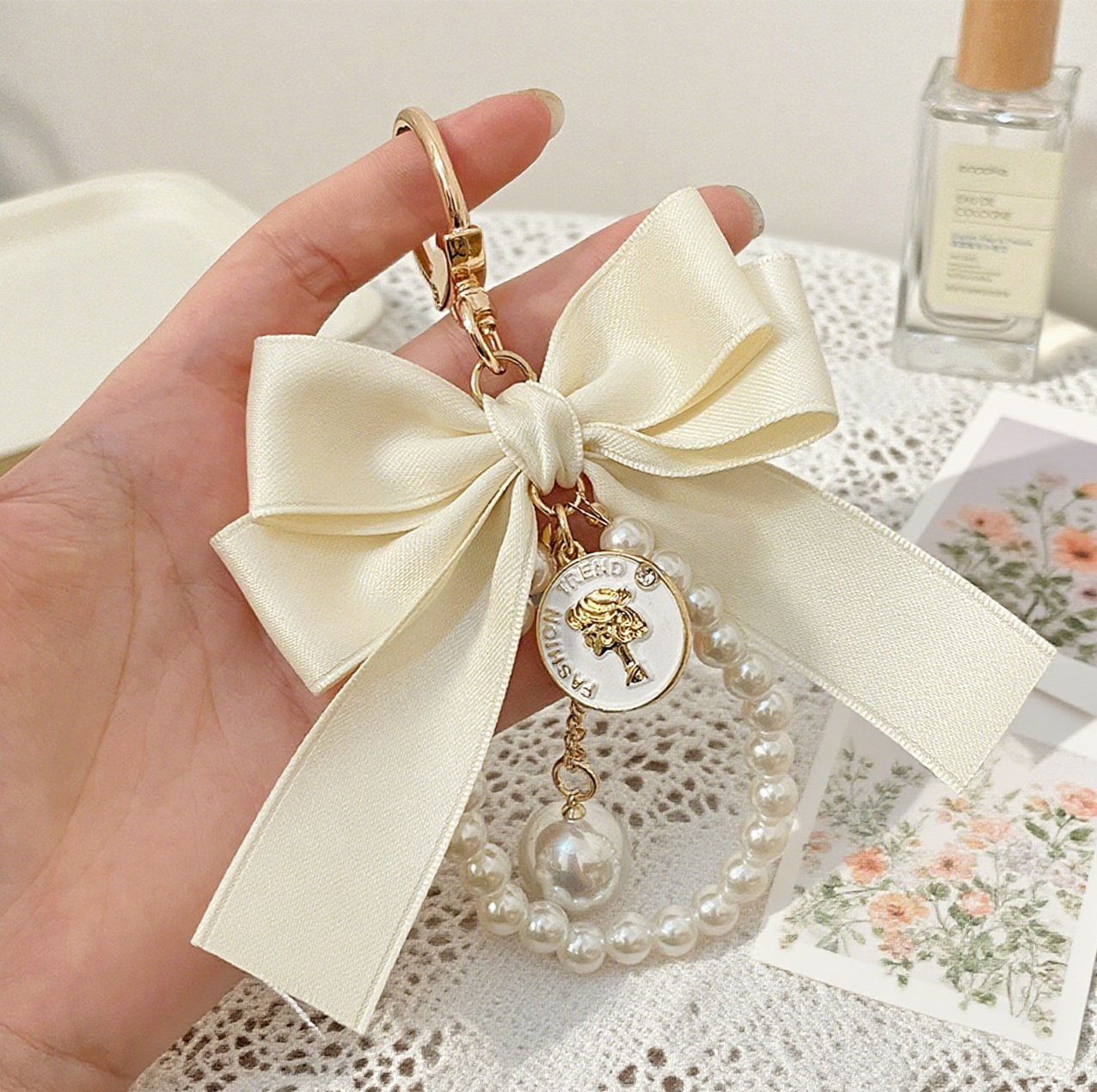 Ribbon Large Bow Pearl Bag Accessory Keychain
