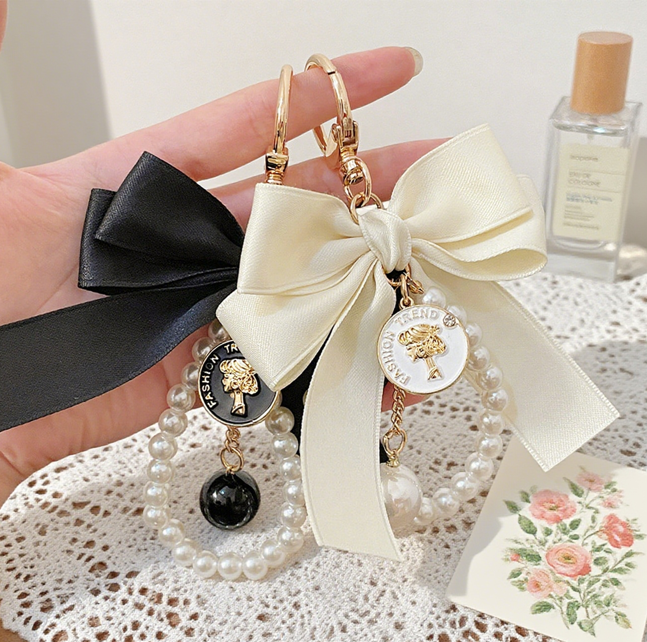 Ribbon Large Bow Pearl Bag Accessory Keychain