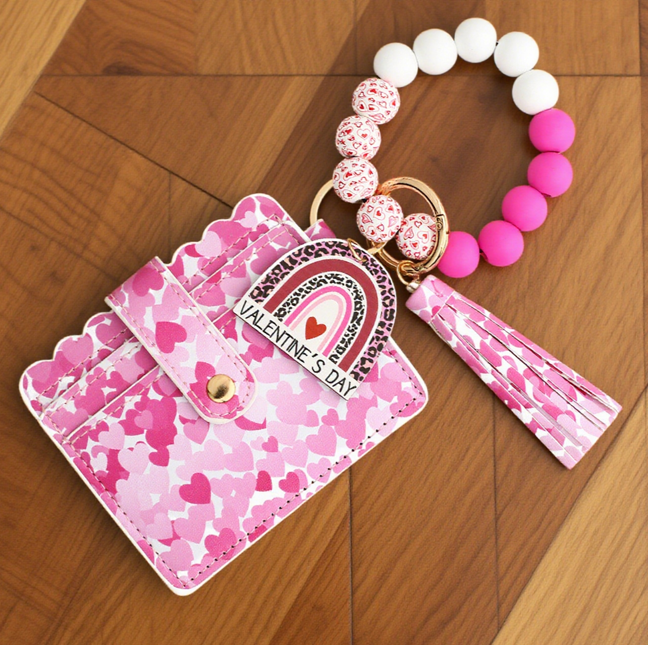 Love-Print Colour-Blocked Bracelet Card Slot Keychain