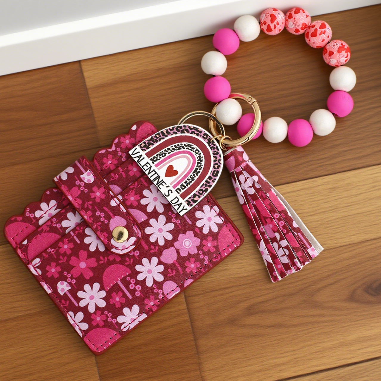 Love-Print Colour-Blocked Bracelet Card Slot Keychain