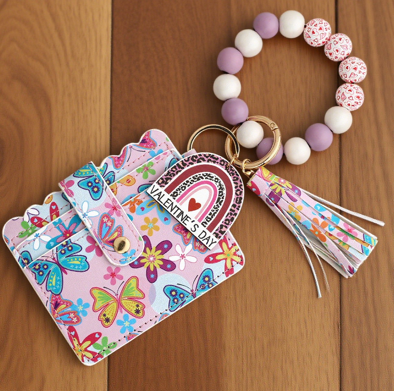 Love-Print Colour-Blocked Bracelet Card Slot Keychain