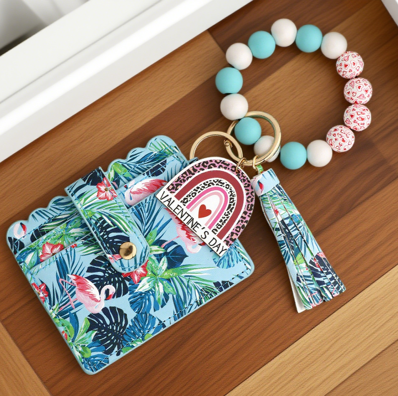 Love-Print Colour-Blocked Bracelet Card Slot Keychain