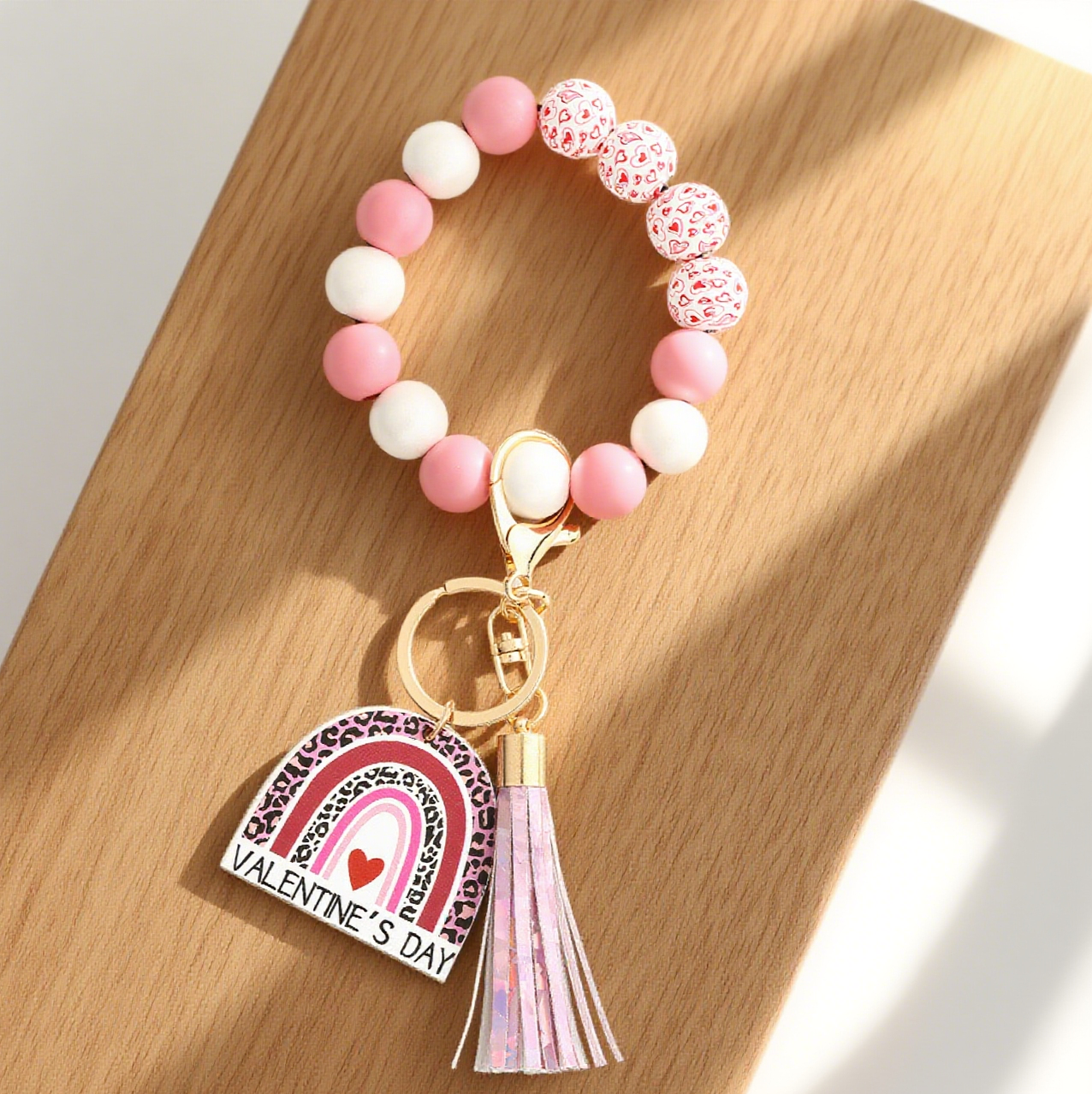 Valentine'S Day Love Bracelet Wooden Bead Keychain