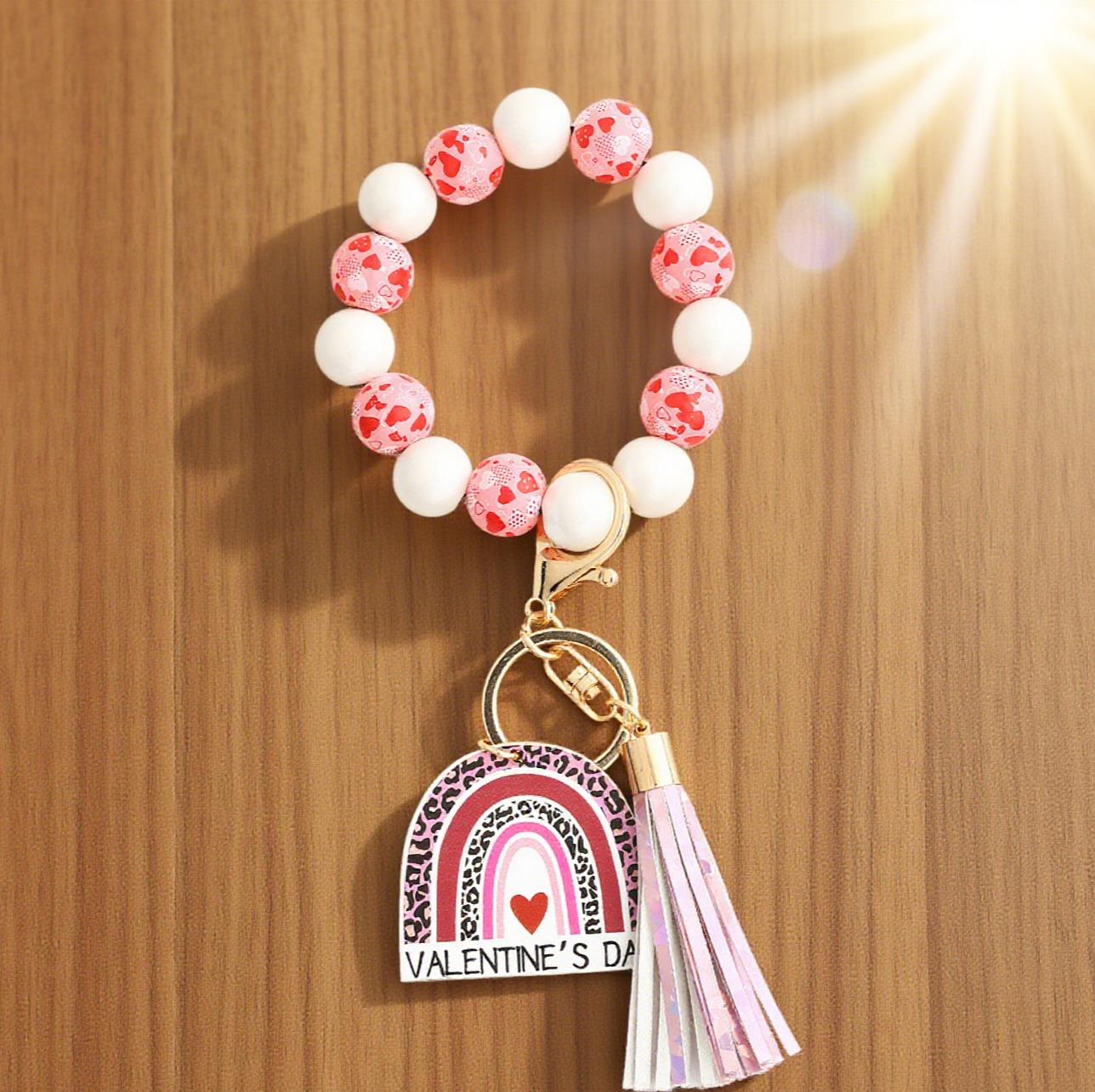 Valentine'S Day Love Bracelet Wooden Bead Keychain