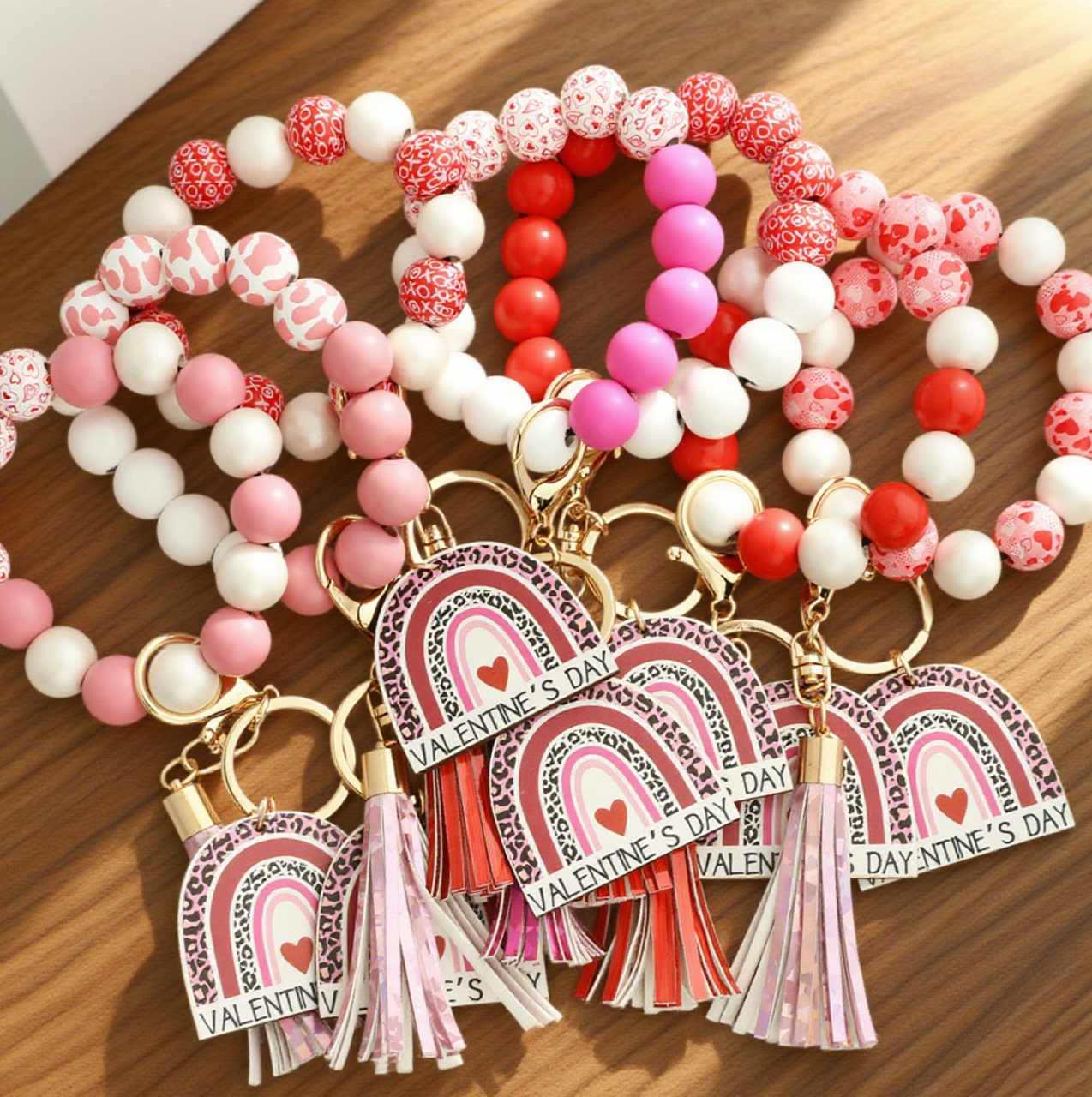 Valentine'S Day Love Bracelet Wooden Bead Keychain