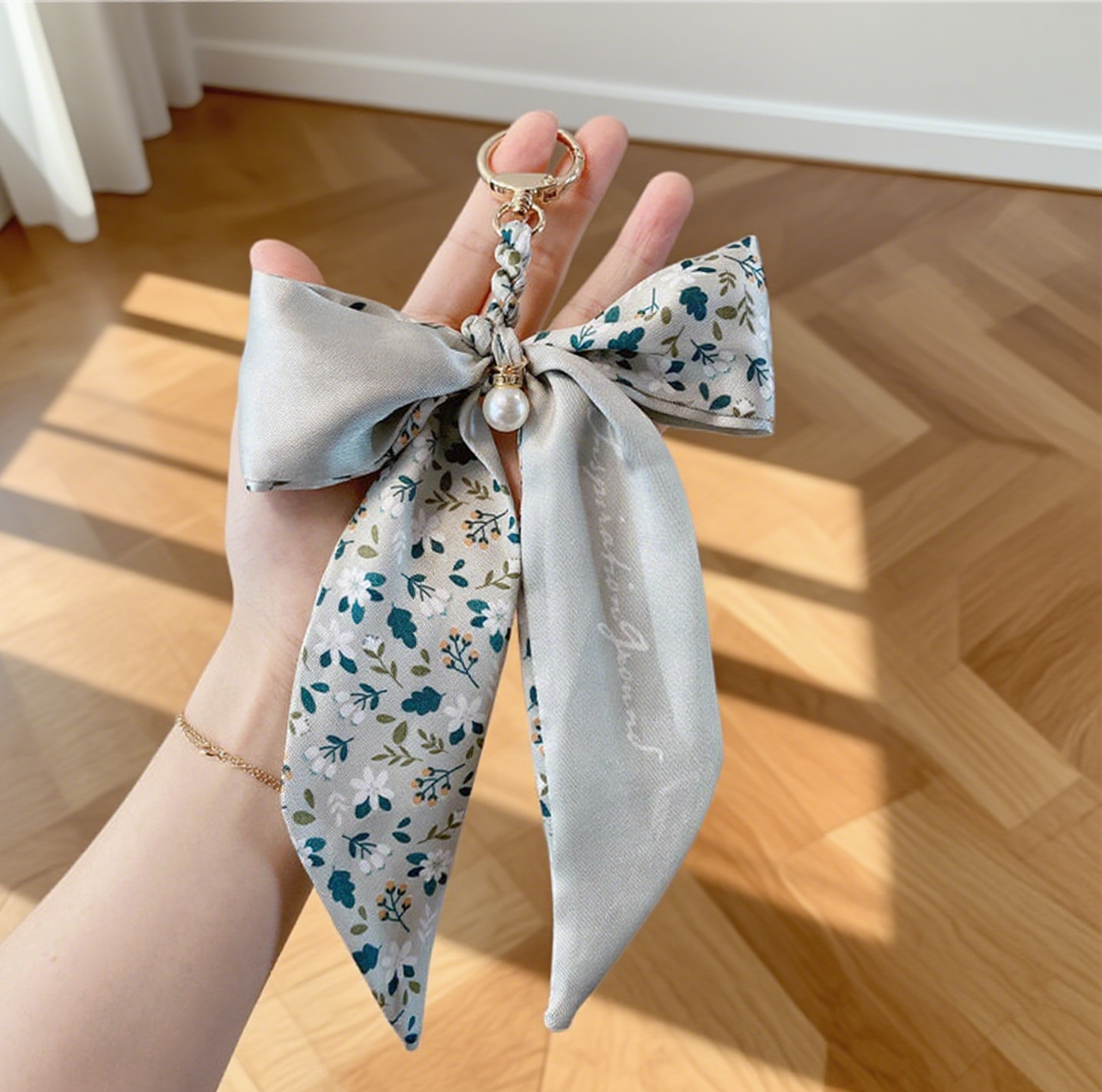 Fashion Silk Scarf Pearl Bow Bag Accessories Keychain