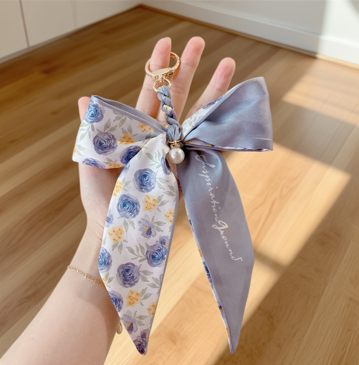 Fashion Silk Scarf Pearl Bow Bag Accessories Keychain