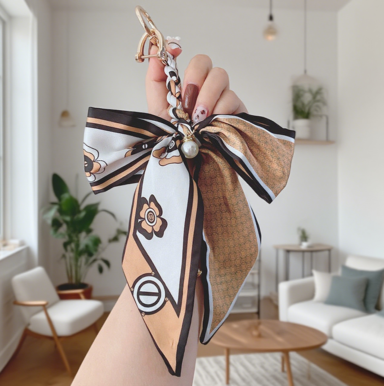 Stylish Checkerboard Floral Print Bow Keychain