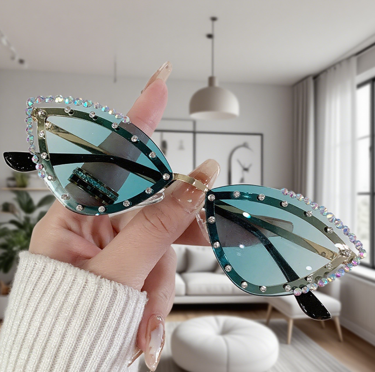 Cat-Eye Diamond-Encrusted Trendy Sunglasses