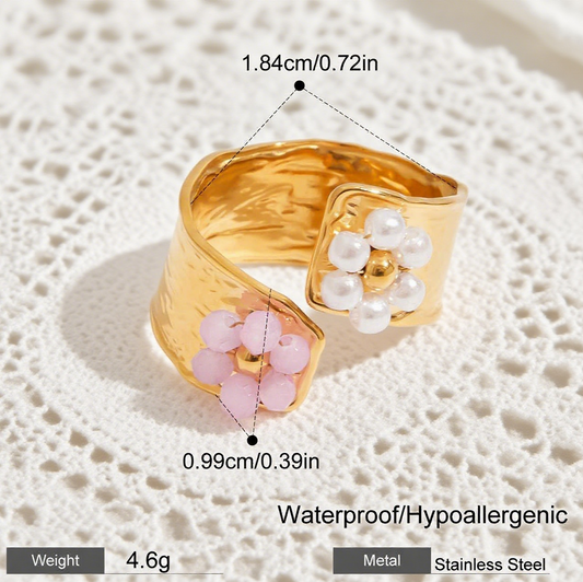Beaded Pearl Flower Open Ring