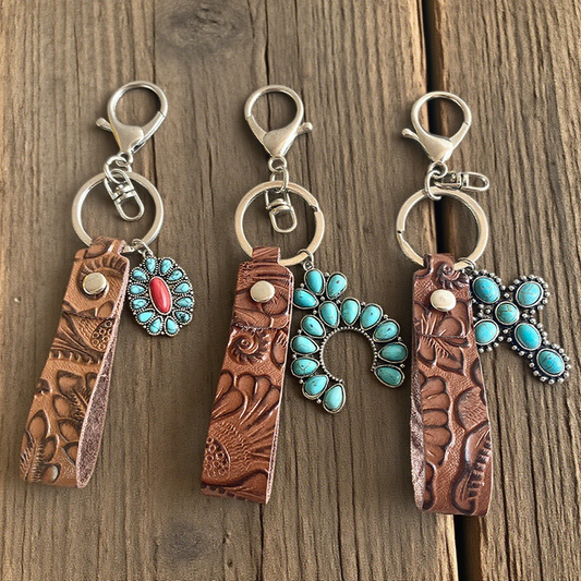 Retro Turquoise Pumpkin Flowers Keychain