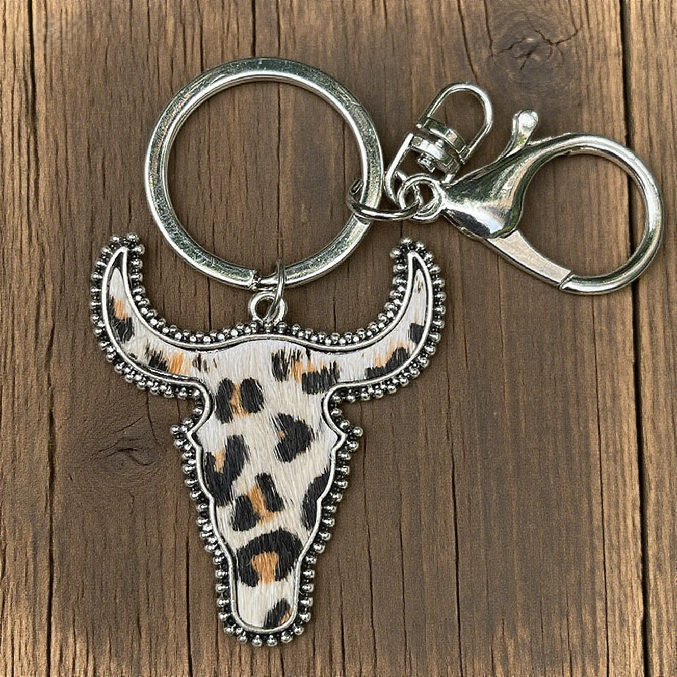 Western-Style Leopard Print Bull Head Keychain
