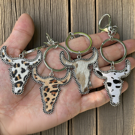 Western-Style Leopard Print Bull Head Keychain