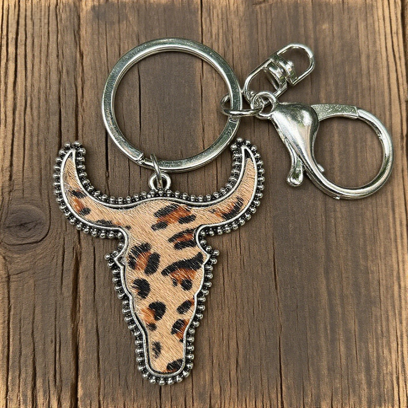 Western-Style Leopard Print Bull Head Keychain