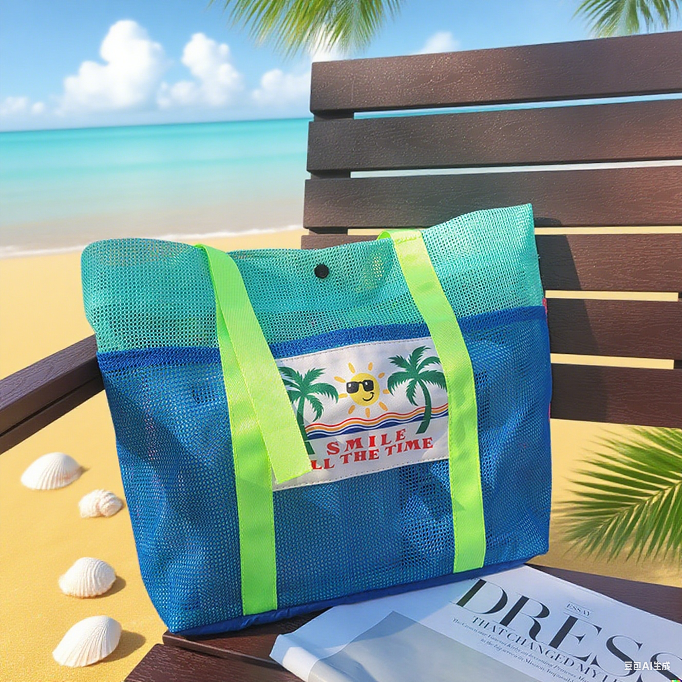 Printed mesh beach swim tote bag