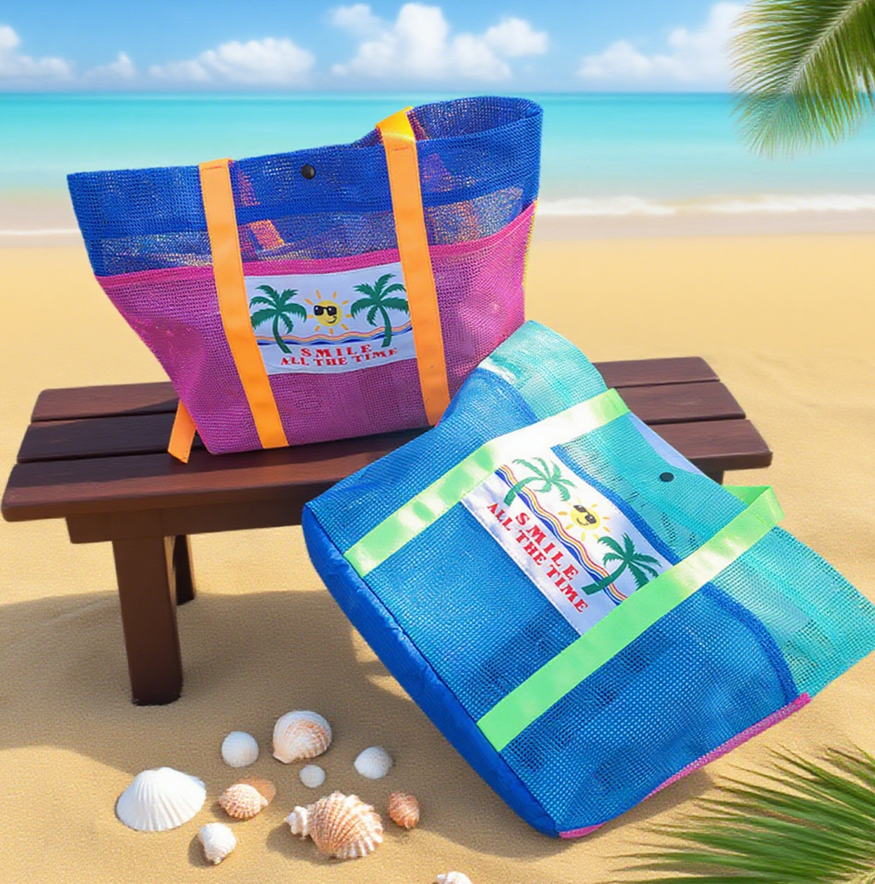 Printed mesh beach swim tote bag