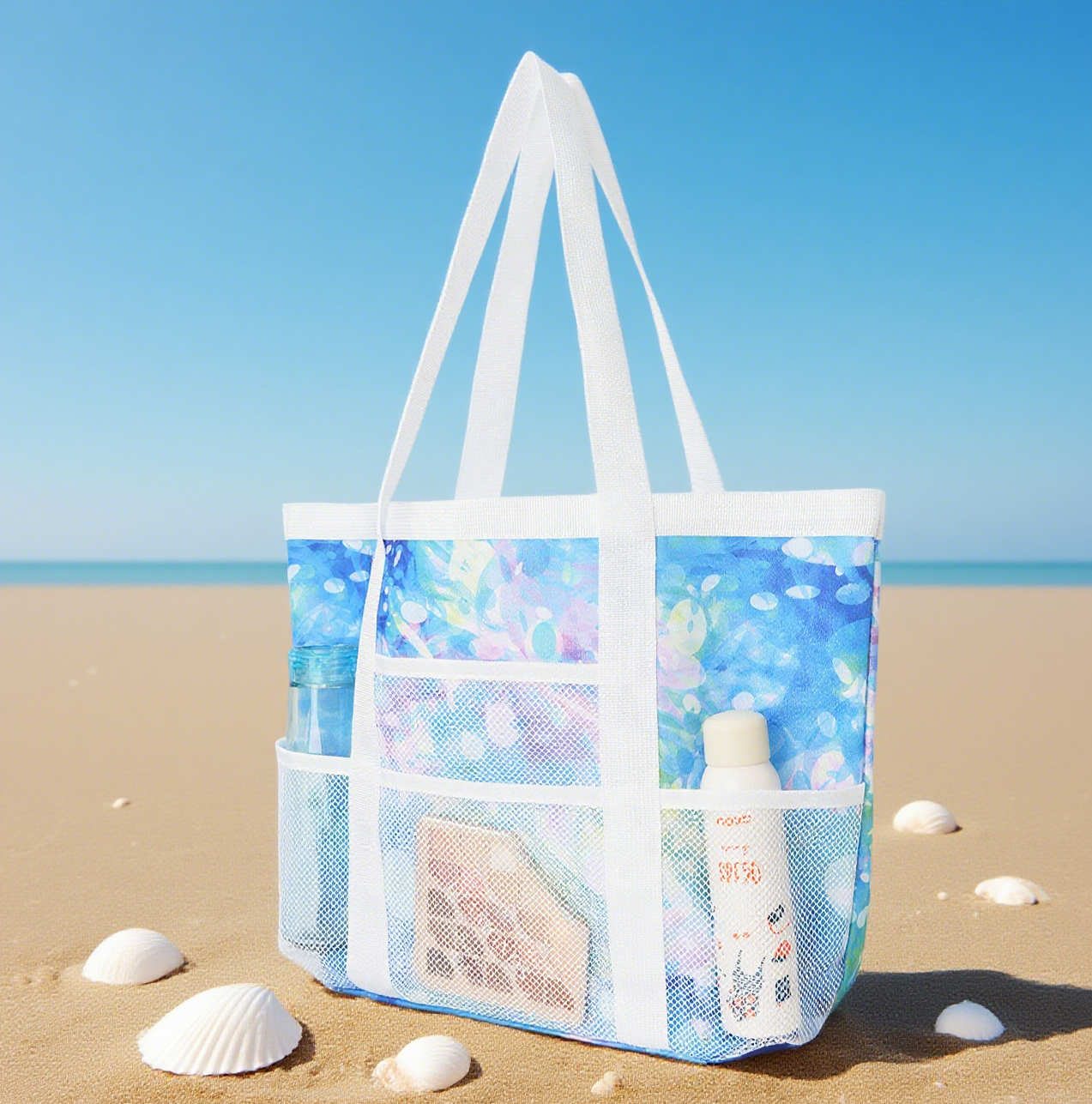 Tropical print mesh beach tote bag
