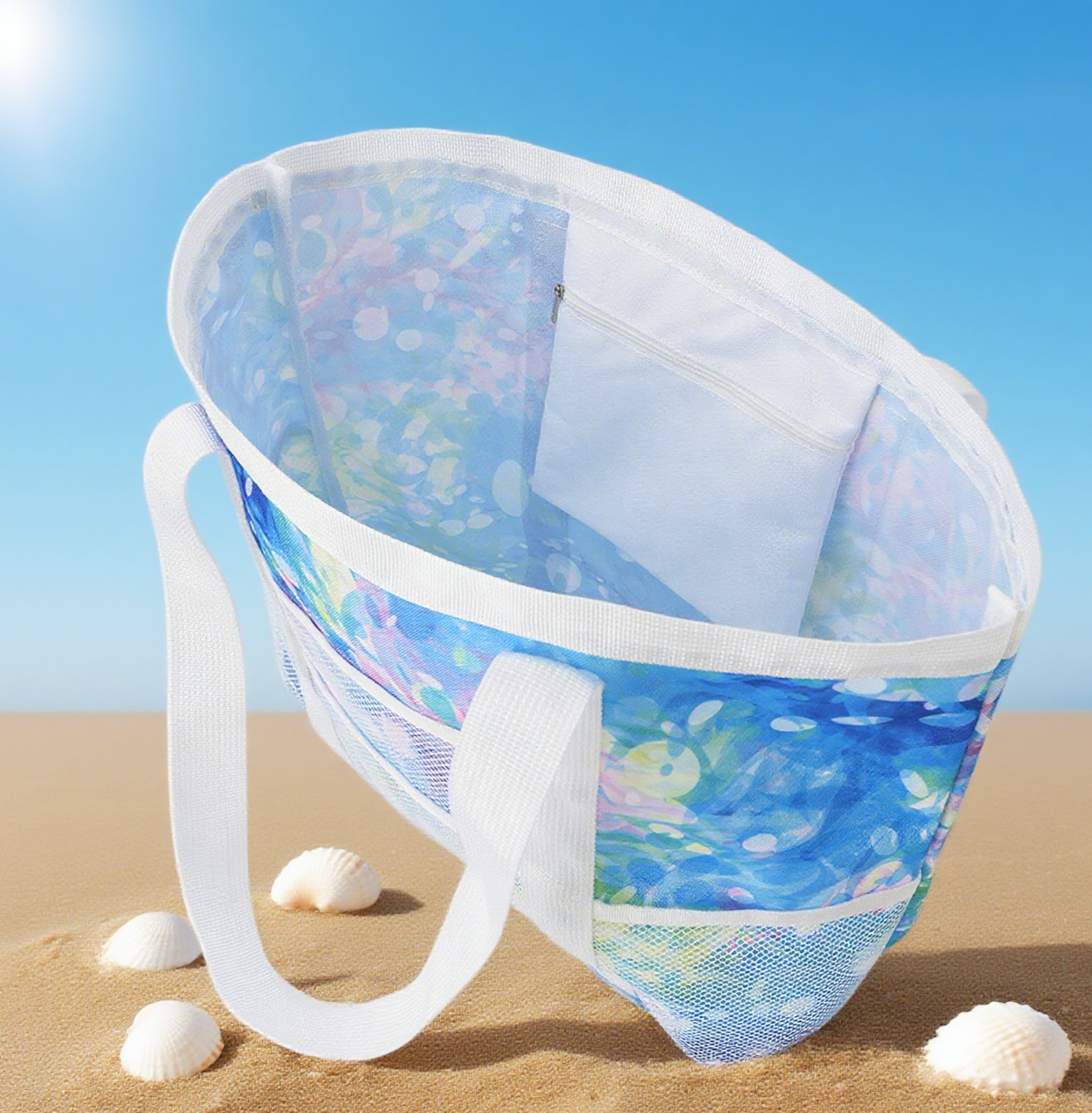 Tropical print mesh beach tote bag