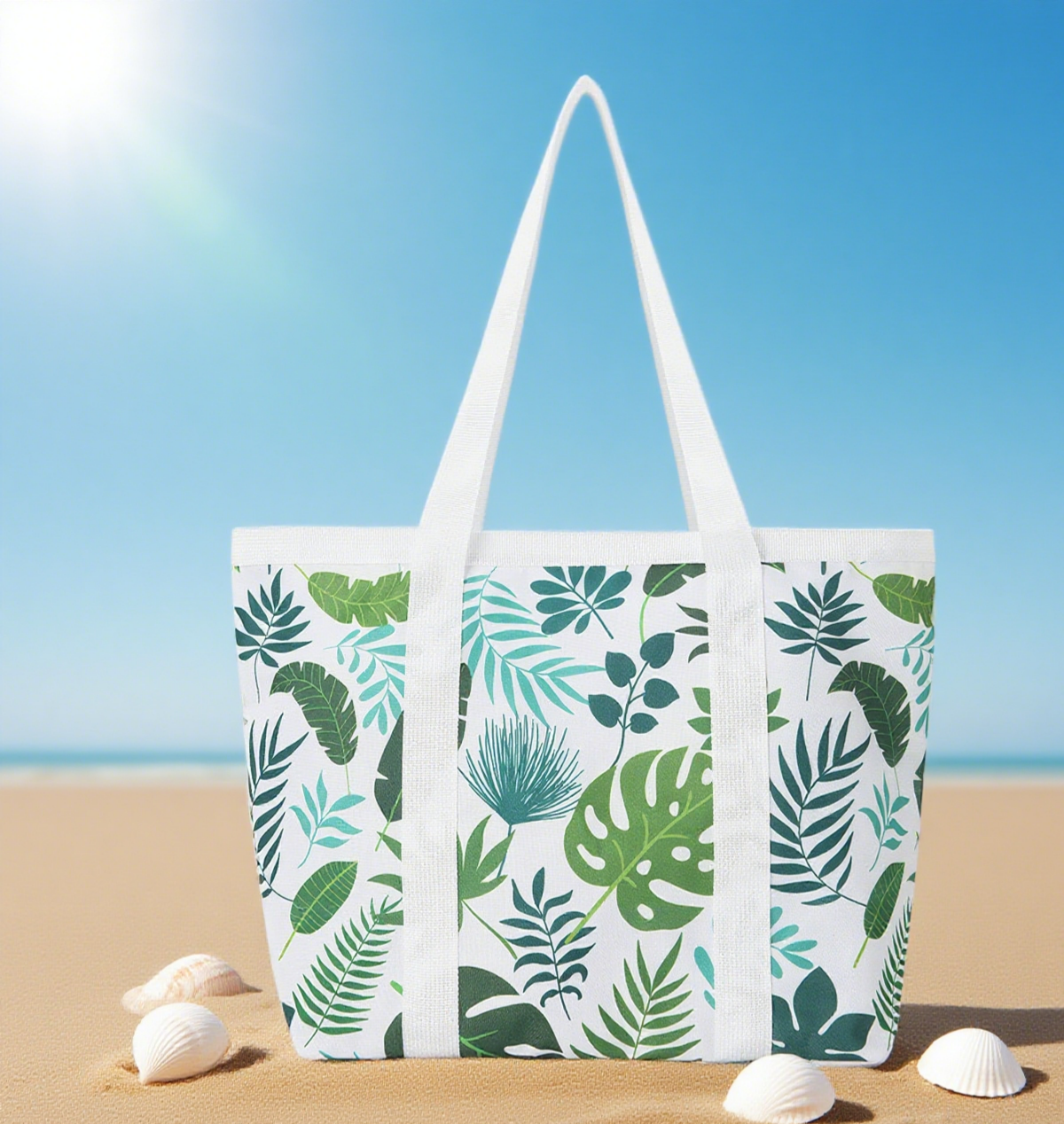 Tropical print mesh beach tote bag