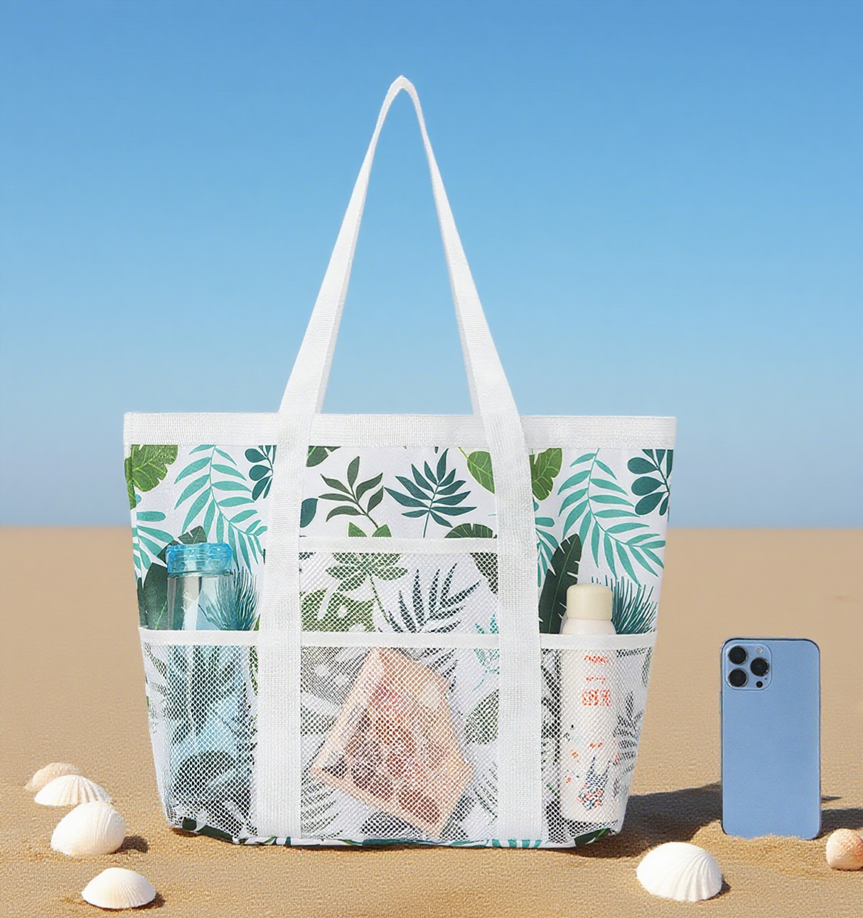 Tropical print mesh beach tote bag