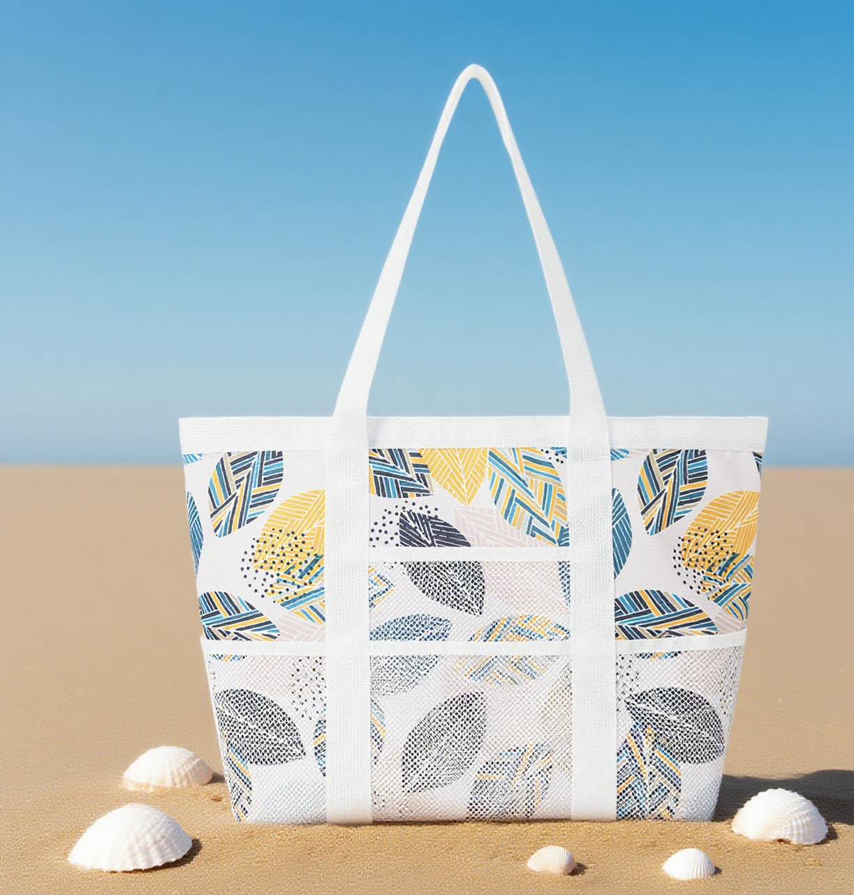 Tropical print mesh beach tote bag