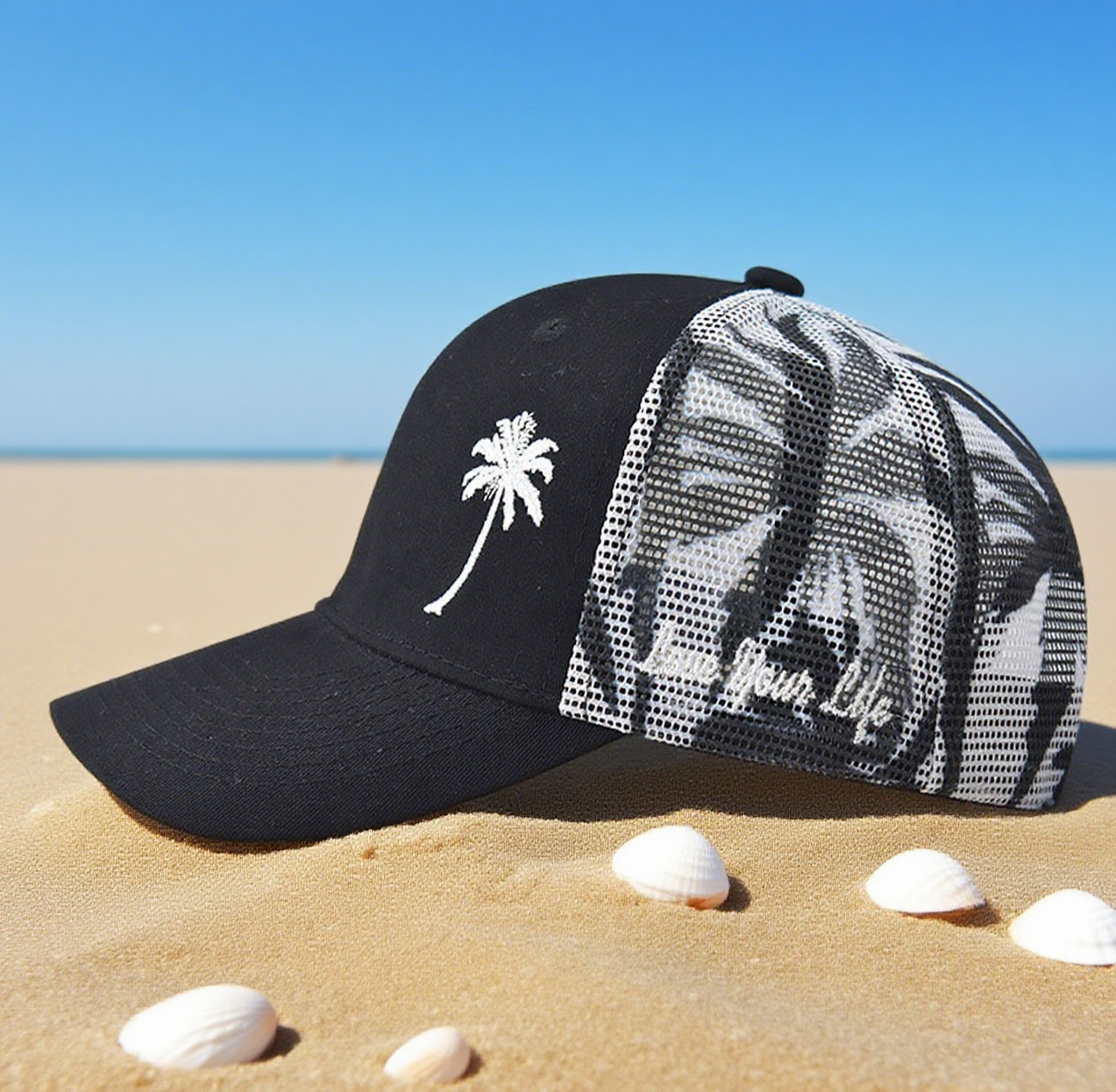 Coconut tree mesh trucker hat